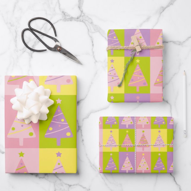 Cute Pink Christmas Trees Wrapping Paper Sheet (Front)