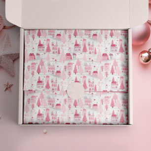 Cute Pink Christmas Village Snowy Day Tissue Paper
