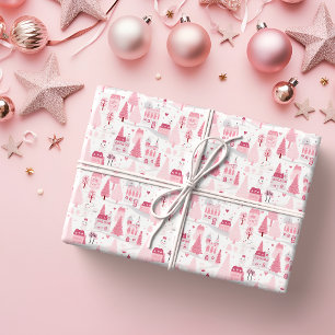 Cute Pink Christmas Village Snowy Day Wrapping Paper