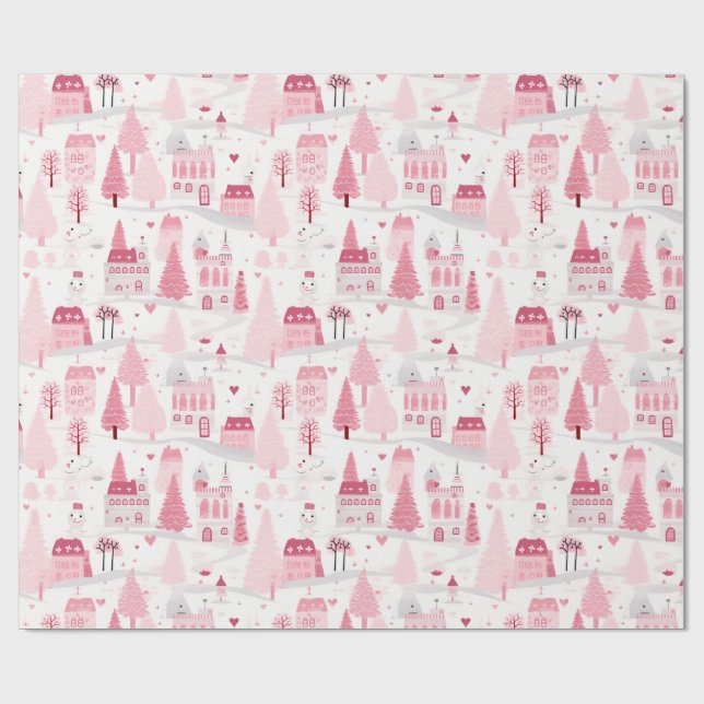 Cute Pink Christmas Village Snowy Day  Wrapping Paper (Flat)