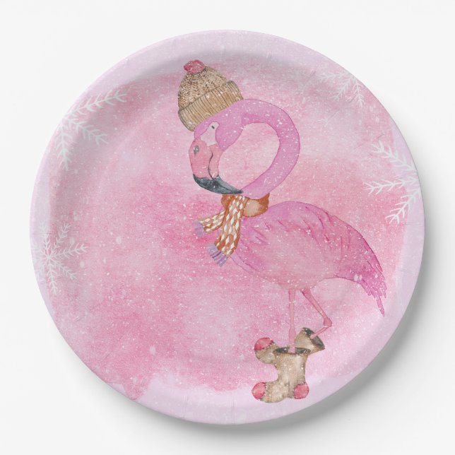 Cute Pink Christmas Winter Flamingo Bird Paper Plate (Front)