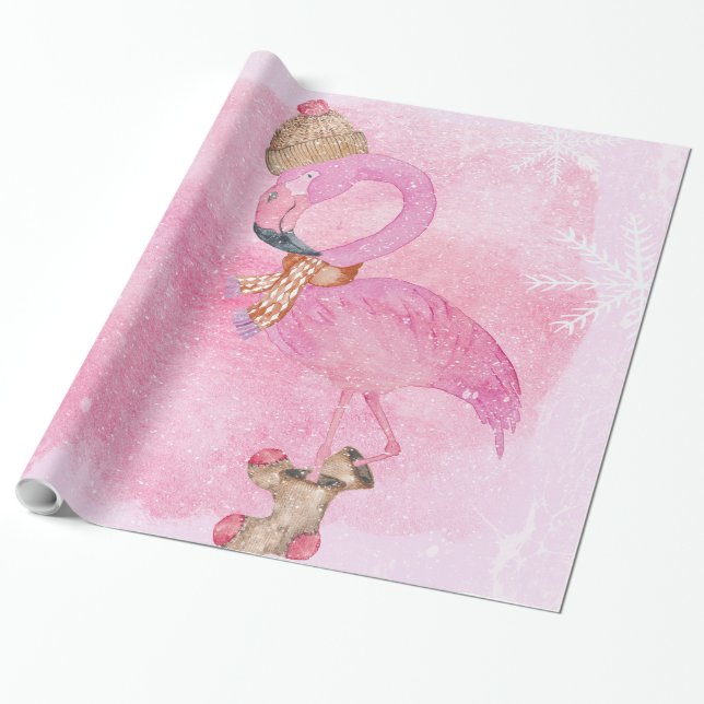 Cute Pink Christmas Winter Flamingo Bird Wrapping Paper (Unrolled)