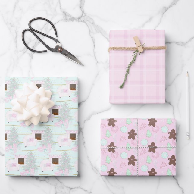 Cute Pink Christmas Wrapping Paper Sheet (Front)