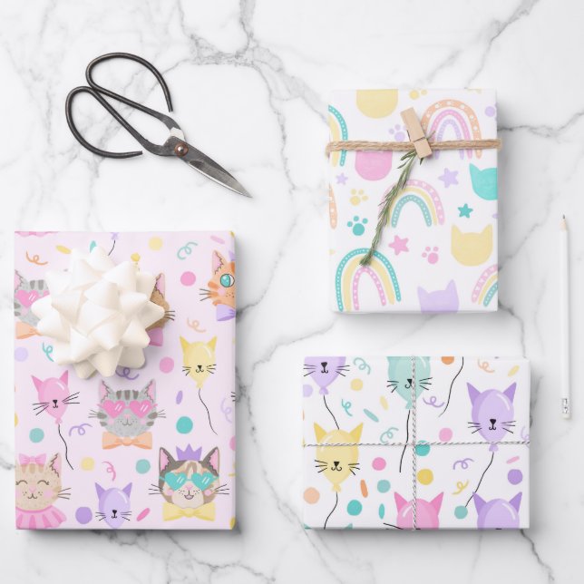 Cute Pink Colourful Kitten Kitty Cat Lover Pattern Wrapping Paper Sheet (Front)