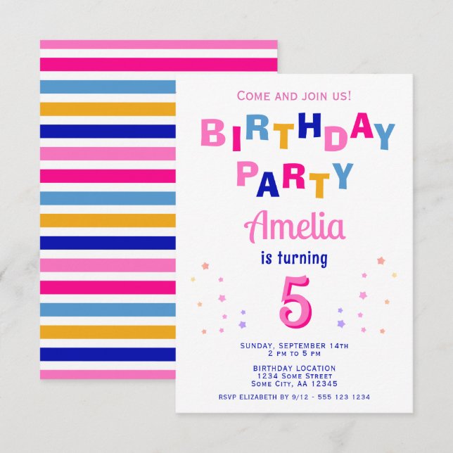 Cute Pink Colourful Star Typography Girl Birthday  Invitation (Front/Back)