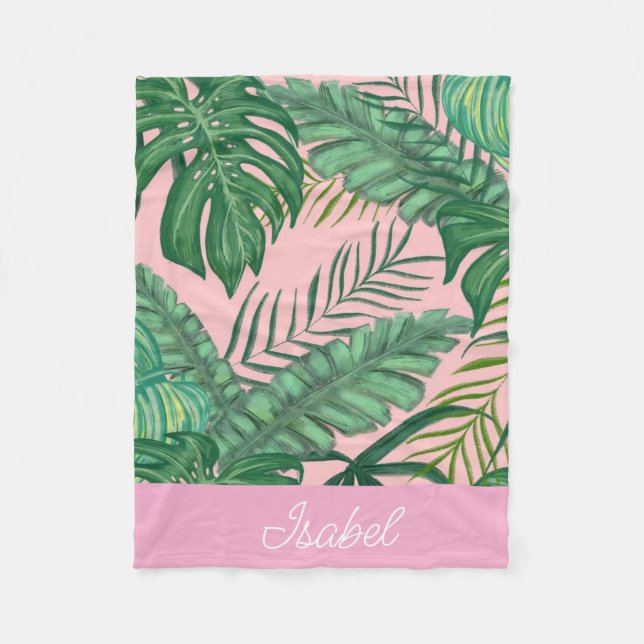 Cute Pink Colourful Tropical Palm Leaves Name Baby Fleece Blanket (Front)