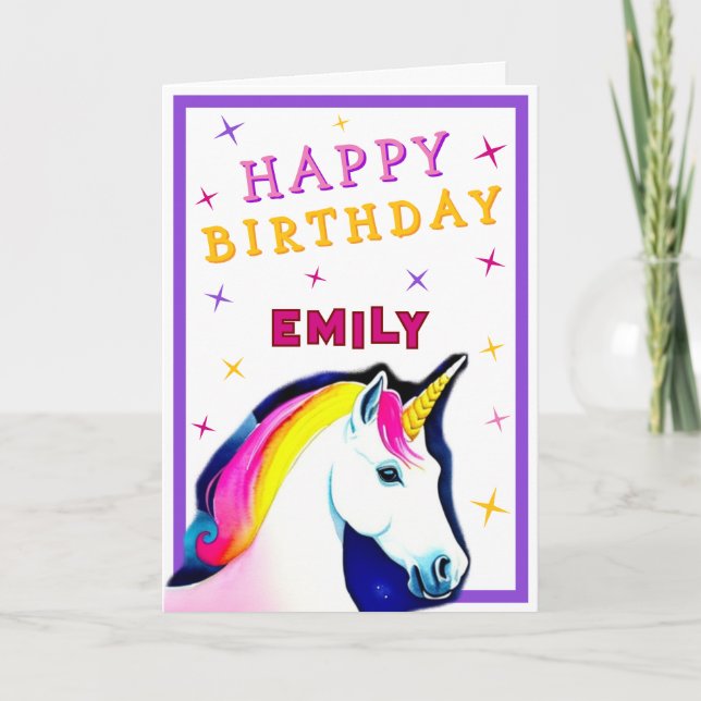 Cute Pink Colourful Unicorn Girl Happy Birthday   Card (Front)