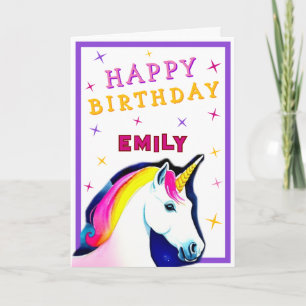 Cute Pink Colourful Unicorn Girl Happy Birthday Card