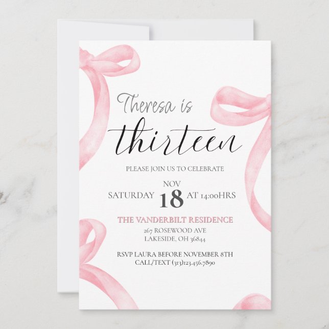 Cute Pink Coquette 13th Birthday Invitation Girl (Front)