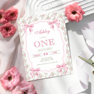 Cute Pink Coquette Bow 1st Birthday Invitation