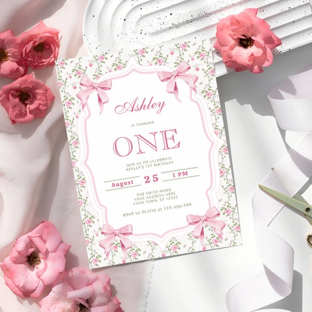Cute Pink Coquette Bow 1st Birthday Invitation (Creator Uploaded)
