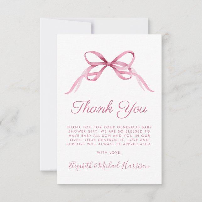 Cute Pink Coquette Bow Baby Girl Shower Thank You Card (Front)