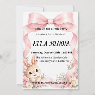 Cute Pink Coquette Bow Bunny 1st Birthday Invitation