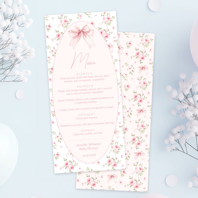 Cute Pink Coquette Bow Floral Baby Girl Shower Menu (Creator Uploaded)