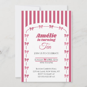 Cute Pink Coquette Bow Girl Tenth Birthday Invitation