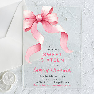 Cute Pink Coquette Bow Sweet Sixteen Acrylic Invitations