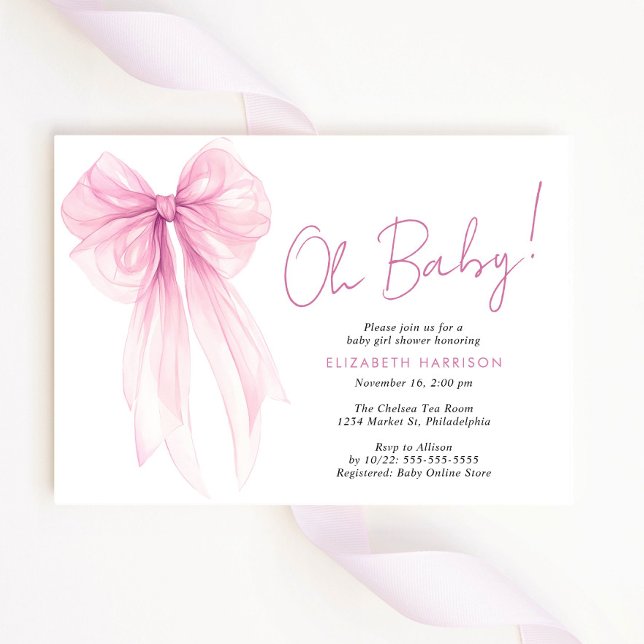 Cute Pink Coquette Bow Watercolor Baby Girl Shower Invitation (Celebrate the upcoming arrival of your baby girl with a beautiful baby shower invitation)