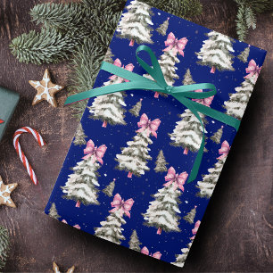 Cute pink Coquette bows Christmas trees royal blue Wrapping Paper