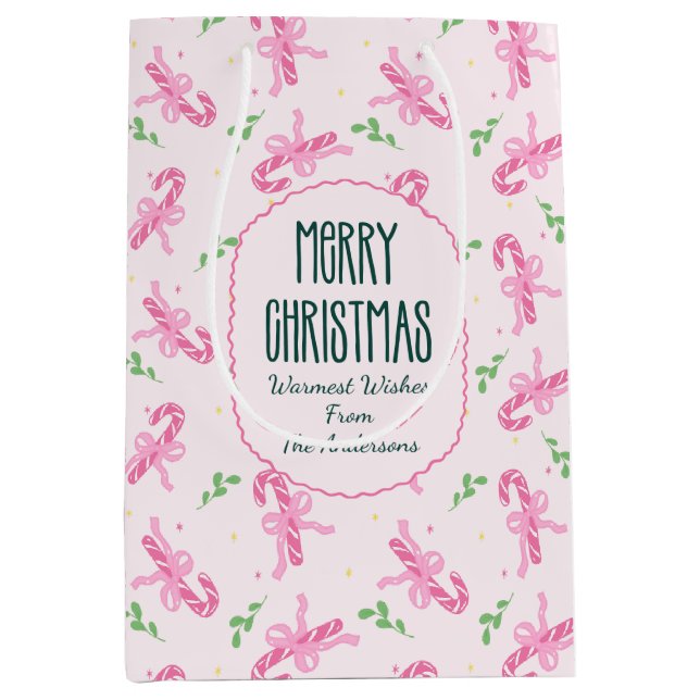 Cute Pink Coquette Christmas Candy Cane With Bow Medium Gift Bag (Front)