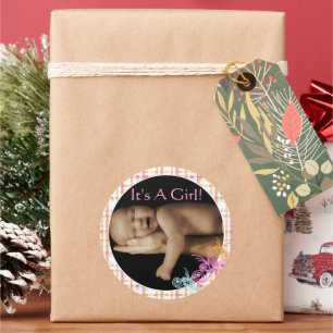 Cute Pink Coral Baby Girl with your baby photo Classic Round Sticker