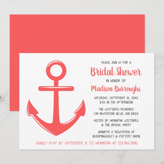 Cute Pink Coral Boat Anchor Nautical Bridal Shower Invitation (Front/Back)