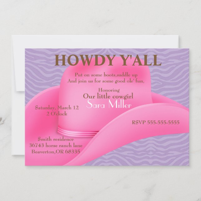Cute Pink Country Cowboy Hat Birthday Invite (Front)