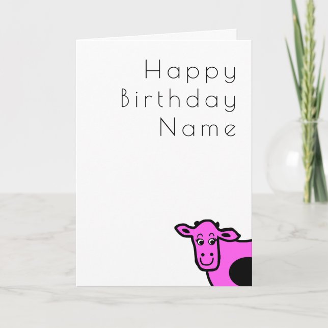 Cute Pink Cow Funny Cartoon Art Deco Birthday Card (Front)