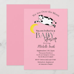 Cute Pink Cow Jumped Over The Moon  Baby Shower Invitation