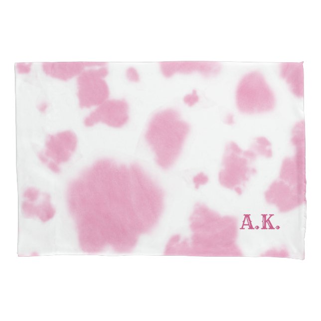 Cute Pink Cow Print Western Rodeo Monogram Pillowcase (Front)