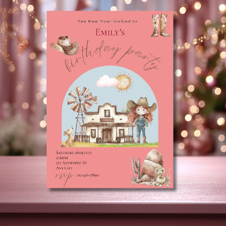 Cute Pink Cowgirl Birthday Invitation