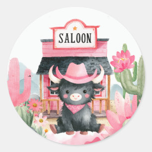 Cute Pink Cowgirl Highland Cow Watercolor Western Classic Round Sticker