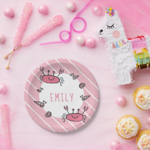Cute Pink Crab Sea Animal Girl Name Paper Plate