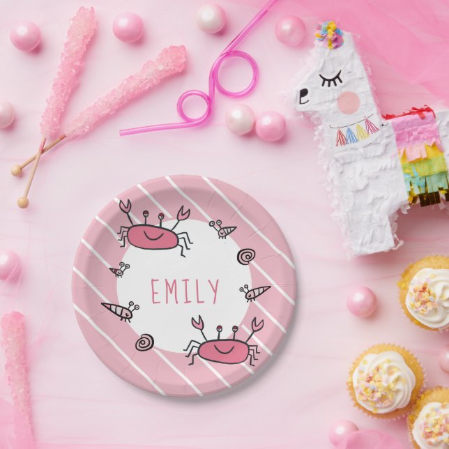 Cute Pink Crab Sea Animal Girl Name Paper Plate (Party)