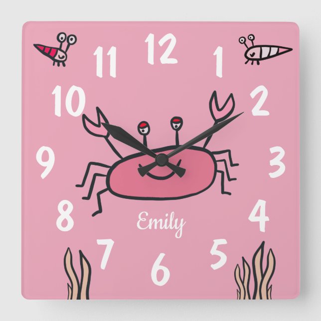 Cute Pink Crab Sea Animal Girl Name Square Wall Clock (Front)