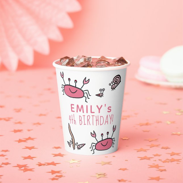 Cute Pink Crab Sea Animals Girl Birthday Paper Cups (Insitu)
