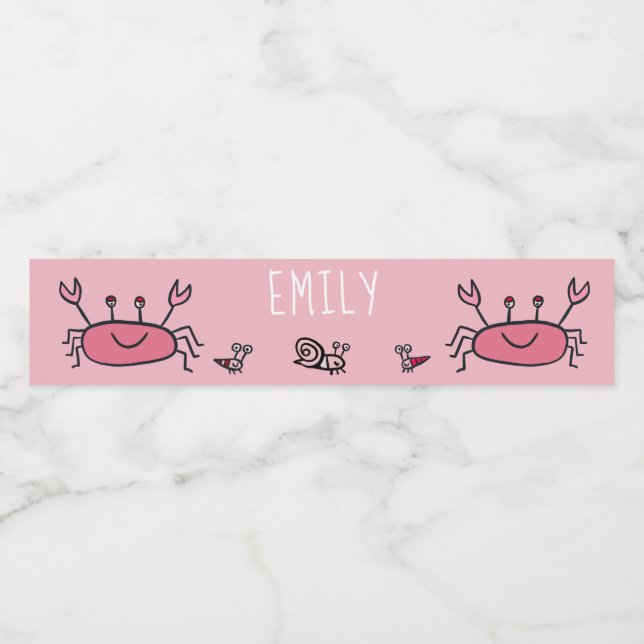 Cute Pink Crab Sea Animals Girl Birthday Water Bottle Label (Single Label)