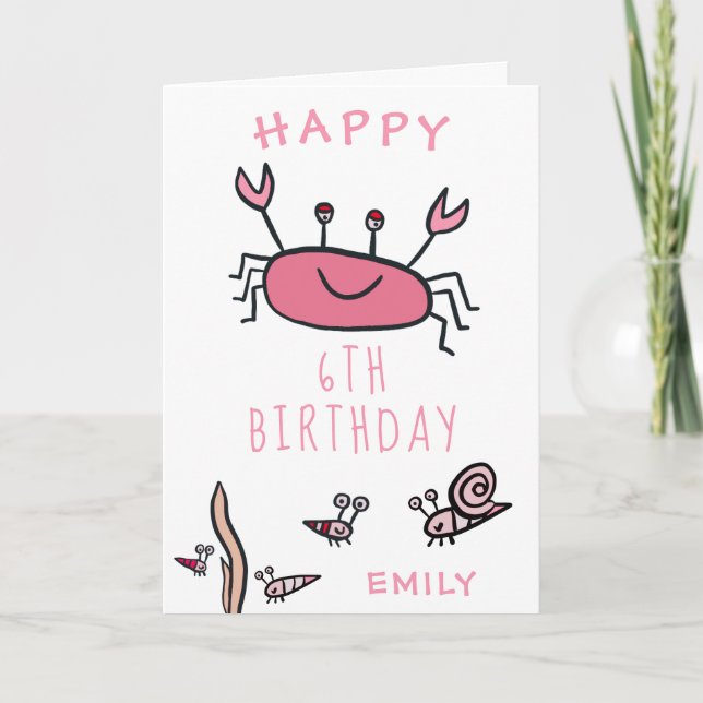 Cute Pink Crab Sea Animals Girl Happy Birthday  Card (Front)