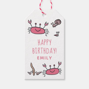 Cute Pink Crab Sea Animals Girl Happy Birthday Gift Tags