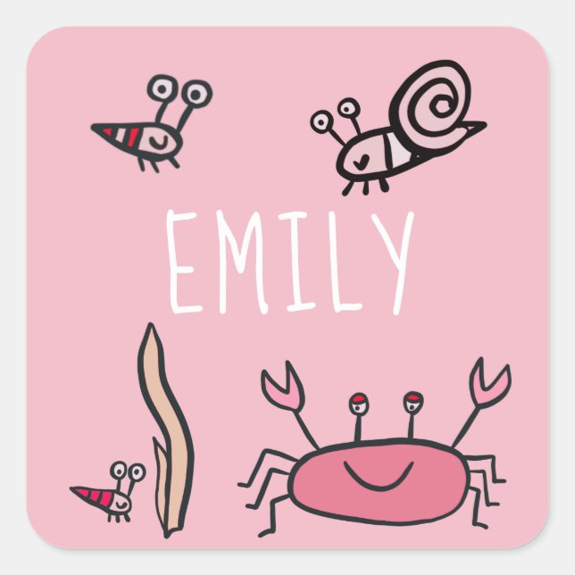 Cute Pink Crab Sea Animals Girl Happy Birthday Square Sticker (Front)