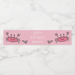 Cute Pink Crab Sea Animals Girl Happy Birthday Water Bottle Label