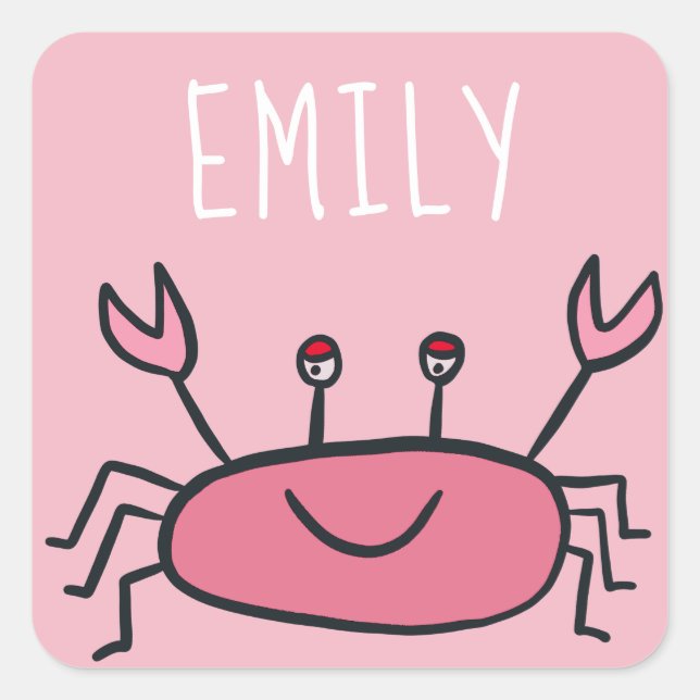 Cute Pink Crab Sea Animals Girl Name Square Sticker (Front)