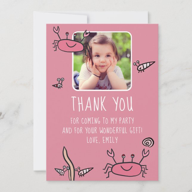 Cute Pink Crab Sea Animals Photo Birthday  Thank You Card (Front)