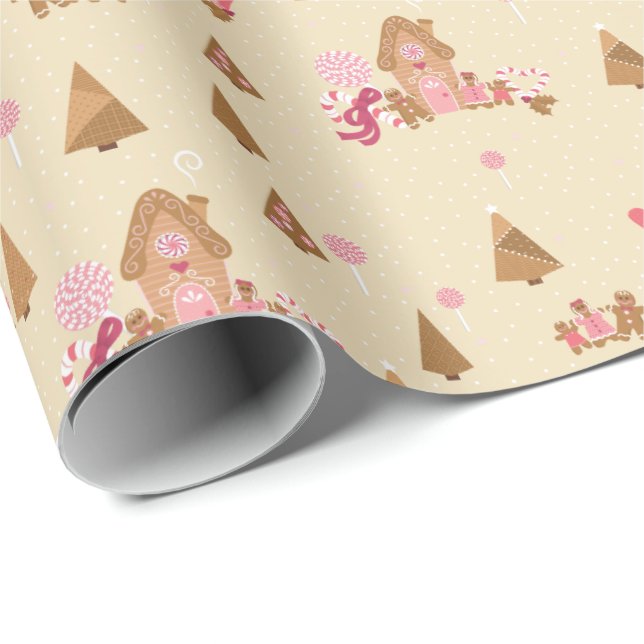 Cute Pink Cream Gingerbread Candy Cane Wrapping Pa Paper (Roll Corner)