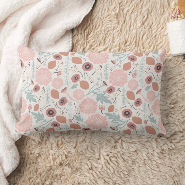 Cute Pink Cream Repeat Botanical Flowers Print Lumbar Cushion (Blanket)
