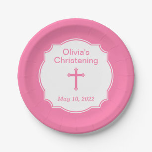 Cute Pink Cross Girl's Christening Baptism Paper Plate