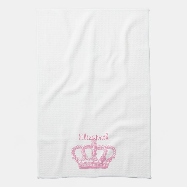 Cute Pink Crown Your Text Tea Towel (Vertical)