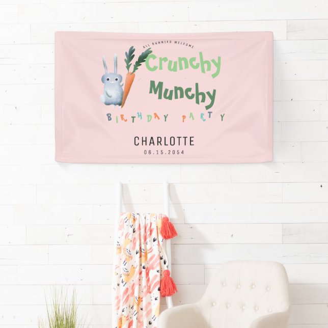 Cute Pink Crunchy Munchy Bunny Girl Birthday Party Banner (Insitu)