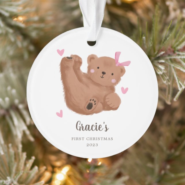Cute Pink Cub Bear Baby's First Christmas Ornament (Tree)