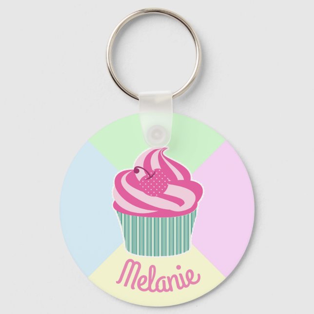 Cute Pink Cupcake and Pastel Colours Personalised Key Ring (Front)