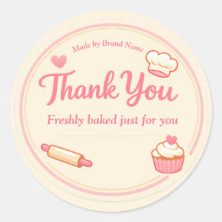 Cute Pink Cupcake and Rolling Pin Bakery Thank You Classic Round Sticker